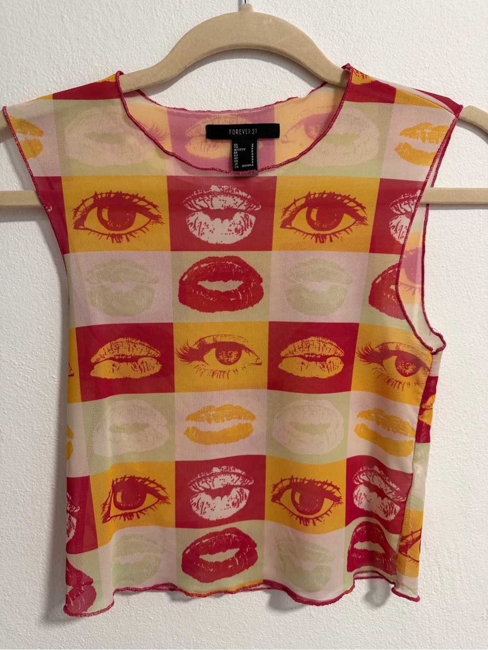 Forever 21 Pink, Yellow & Green Graphic Mesh Tank Top